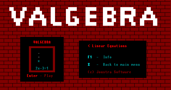 Main menu of the falling blocks style math game Valgebra