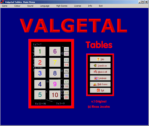 In the main menu you can choose 20 tables of multiplication, language, sound, music...